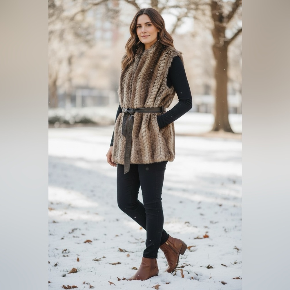 Liz Claiborne Faux Fur Vest with Belt. Size Large.